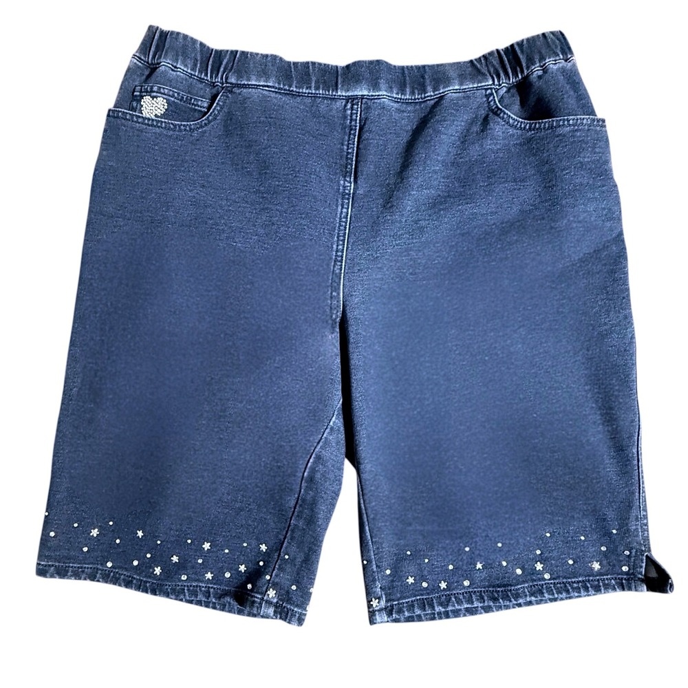 Quacker Factory DreamJeannes Blue Knit Denim Rhinestone Star Heart Shorts L